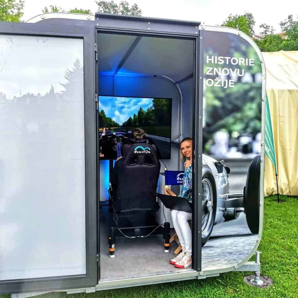 We provide with our Global delivery our rental of a racing simulator for music concert summer festival for a Audi client in Prague, Czech Republic, Europe.