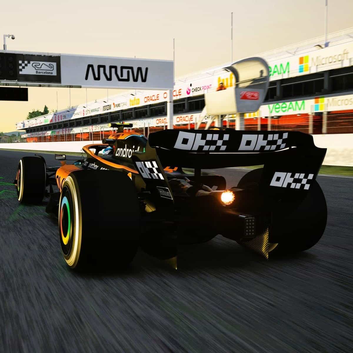 F1 branded virtual car with OK, Arrow sponsors RoarFun branding.
