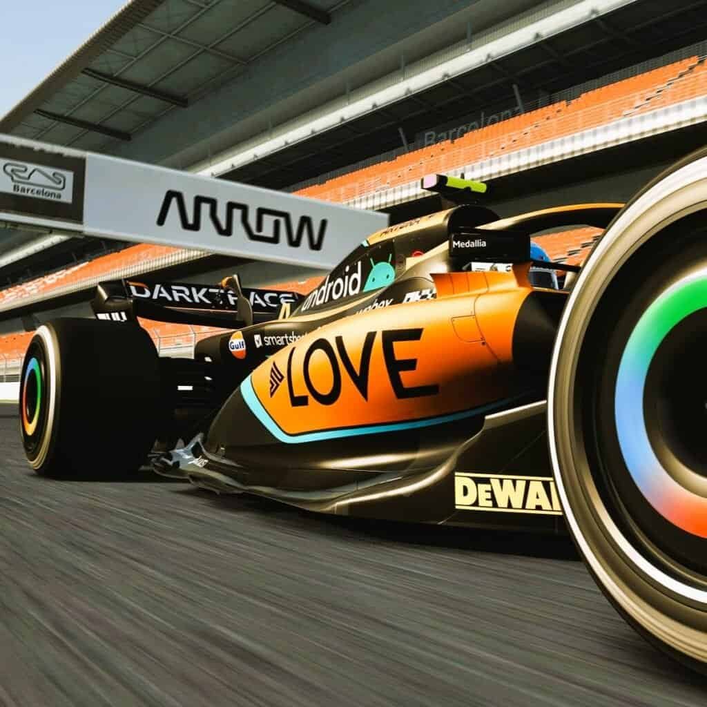 F1 branded virtual car with Arrow Love sponsors RoarFun branding.