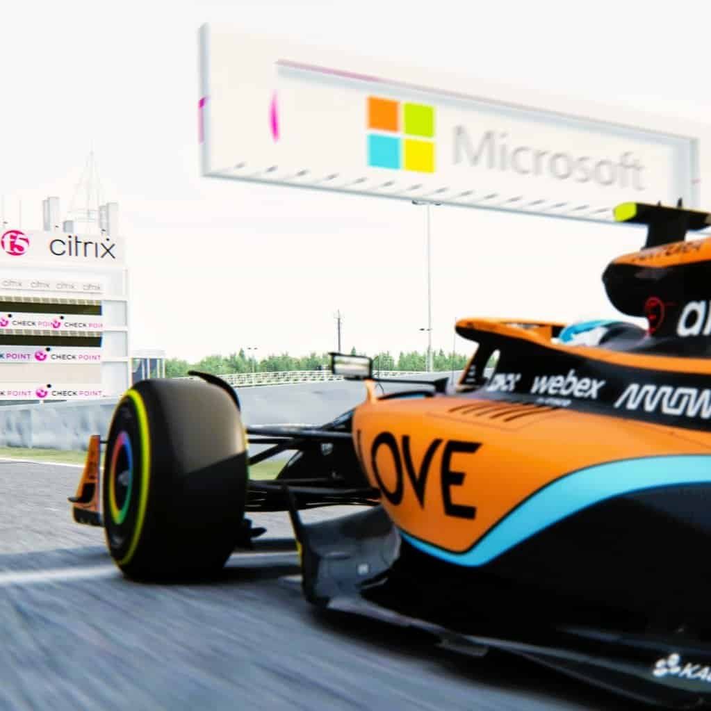 F1 branded virtual car with Microsoft sponsors RoarFun branding.